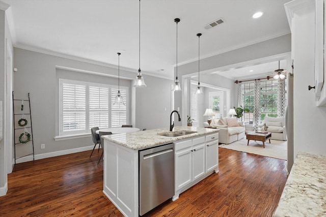 9008 Cypress Creek Rd, Lantana, TX 76226 - kitchen with dishwasher, a sink, ornamental molding, dark wood-style flooring, and white cabinetry