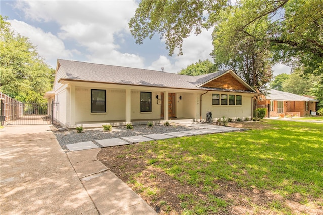 729 Bizerte Ave, Dallas, TX 75224 - ranch-style home featuring a shingled roof, driveway, covered porch, a gate, and brick siding