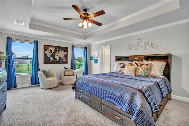 2400 Silver Maple Dr, Saint Paul, TX 75098 - carpeted bedroom with a raised ceiling, ornamental molding, baseboards, and a ceiling fan