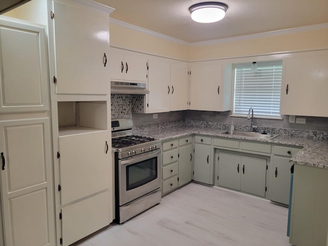 316 Charlie Dr, Whitesboro, TX 76273 - kitchen with stainless steel range with gas cooktop, a sink, under cabinet range hood, ornamental molding, and tasteful backsplash