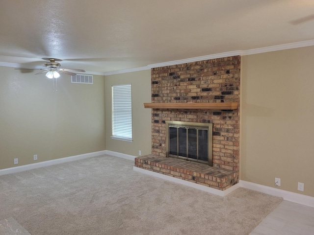 316 Charlie Dr, Whitesboro, TX 76273 - unfurnished living room with ceiling fan, baseboards, a brick fireplace, and ornamental molding