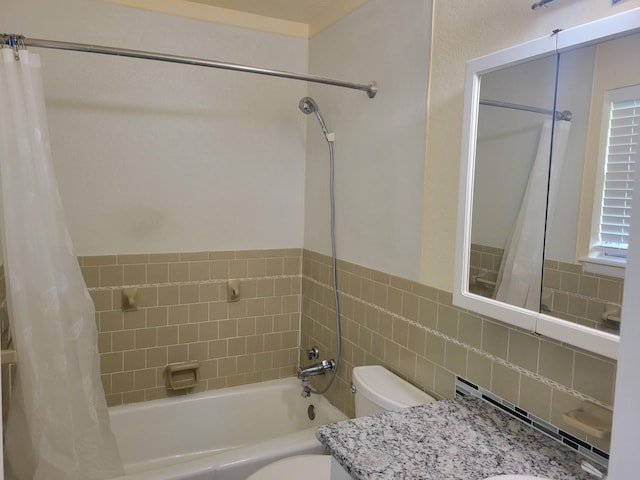 316 Charlie Dr, Whitesboro, TX 76273 - full bathroom with toilet, shower / bath combo, vanity, and tile walls