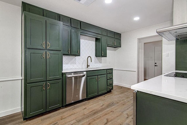 715 Pheasant Run, Burleson, TX 76028 - kitchen with green cabinetry, dishwasher, a sink, decorative backsplash, and light countertops