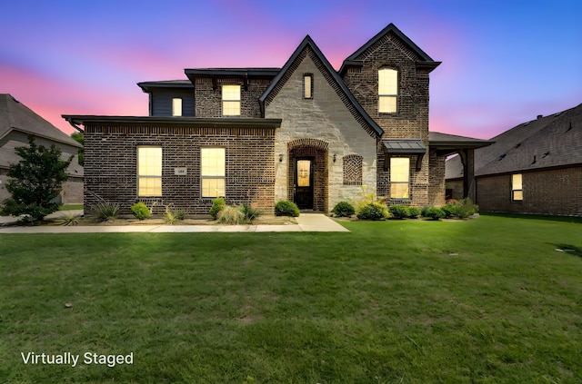 449 Hillstone Dr, Midlothian, TX 76065 - french country style house with a yard, brick siding, and stone siding