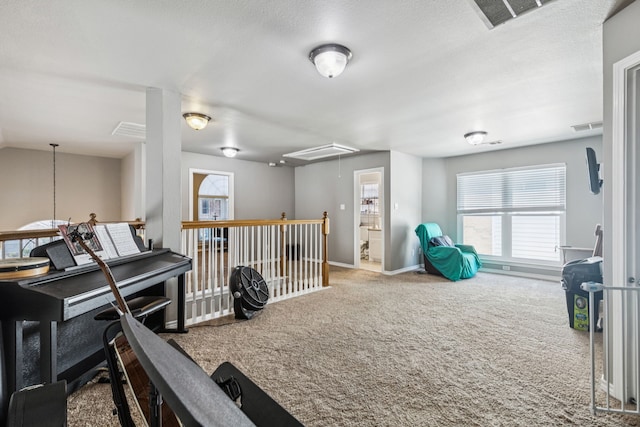 412 Kyle Ln, Lewisville, TX 75067 - living area featuring attic access, carpet floors, and healthy amount of natural light