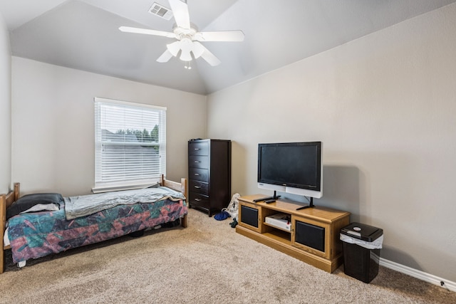 412 Kyle Ln, Lewisville, TX 75067 - carpeted bedroom featuring lofted ceiling, baseboards, and a ceiling fan