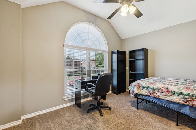 412 Kyle Ln, Lewisville, TX 75067 - bedroom with lofted ceiling, carpet flooring, baseboards, a ceiling fan, and a desk
