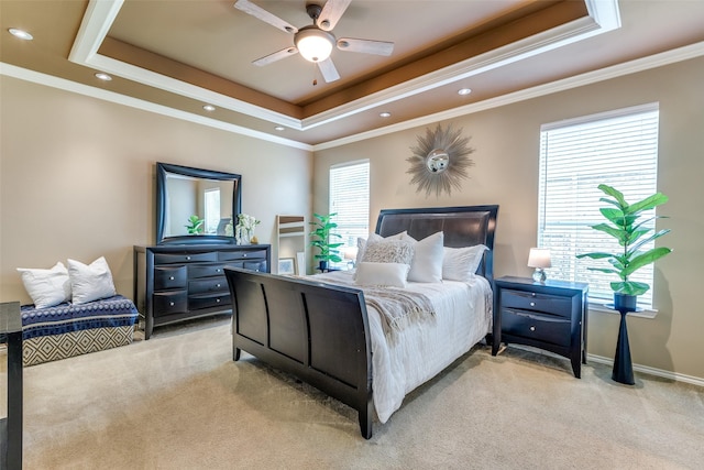 12744 Concho Dr, Frisco, TX 75033 - bedroom with light carpet, a raised ceiling, crown molding, baseboards, and recessed lighting