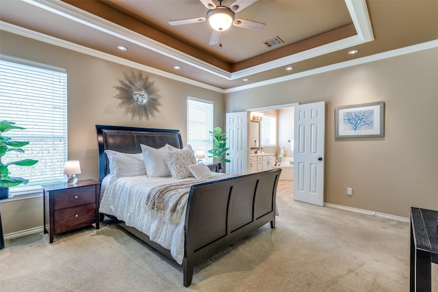 12744 Concho Dr, Frisco, TX 75033 - bedroom featuring light carpet, a tray ceiling, baseboards, crown molding, and recessed lighting