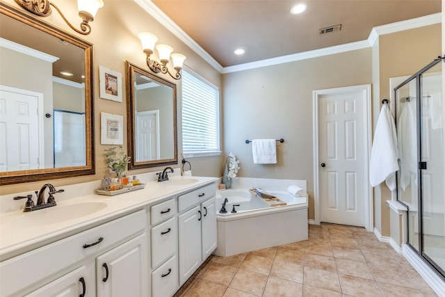 12744 Concho Dr, Frisco, TX 75033 - bathroom featuring a stall shower, ornamental molding, double vanity, a bath, and tile patterned floors