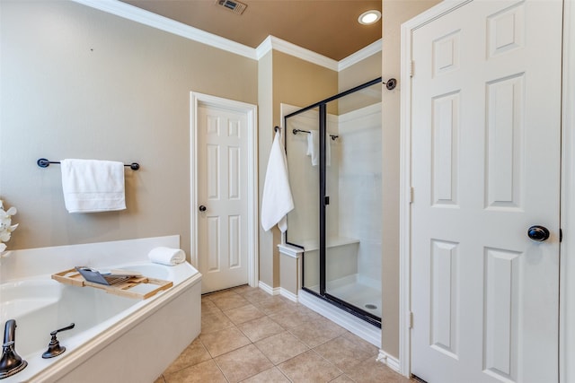 12744 Concho Dr, Frisco, TX 75033 - bathroom featuring crown molding, a stall shower, tile patterned flooring, a garden tub, and baseboards