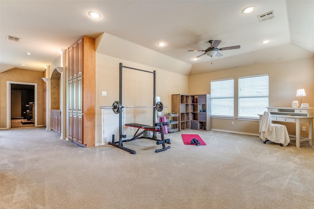 12744 Concho Dr, Frisco, TX 75033 - workout room featuring vaulted ceiling, light carpet, a ceiling fan, recessed lighting, and baseboards