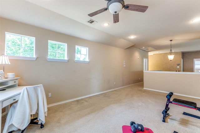 12744 Concho Dr, Frisco, TX 75033 - workout area featuring attic access, carpet flooring, baseboards, a ceiling fan, and recessed lighting