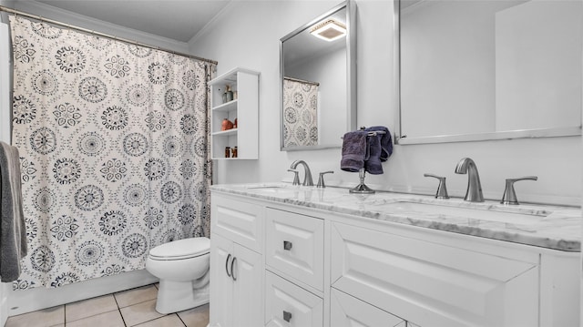 8534 Vista View Dr, Dallas, TX 75243 - bathroom with ornamental molding, double vanity, tile patterned floors, toilet, and a shower with curtain