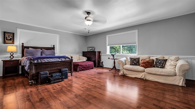 8534 Vista View Dr, Dallas, TX 75243 - bedroom featuring a wainscoted wall, wood finished floors, ornamental molding, and ceiling fan