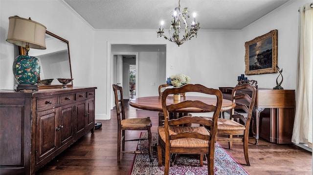 8534 Vista View Dr, Dallas, TX 75243 - dining room with a chandelier, dark wood-style flooring, ornamental molding, and a textured ceiling