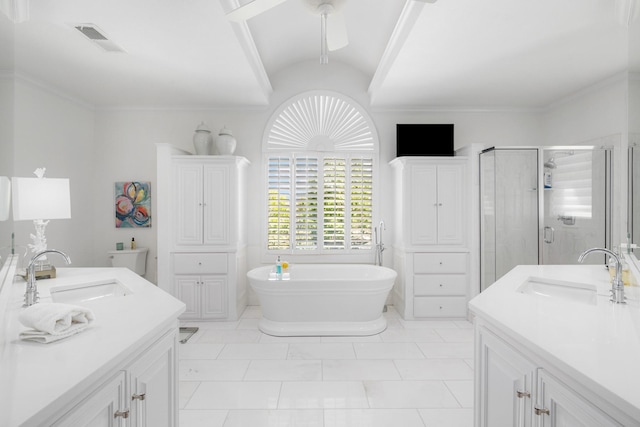 4009 Tave Ct, Arlington, TX 76016 - bathroom featuring vanity, a shower stall, a soaking tub, vaulted ceiling, and ceiling fan
