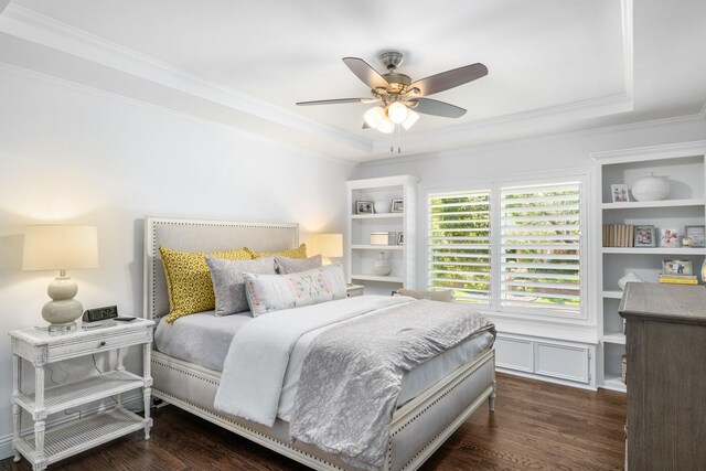4009 Tave Ct, Arlington, TX 76016 - bedroom with crown molding, a raised ceiling, wood finished floors, and a ceiling fan