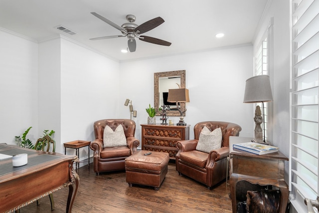4009 Tave Ct, Arlington, TX 76016 - living area with wood finished floors, ceiling fan, recessed lighting, and ornamental molding