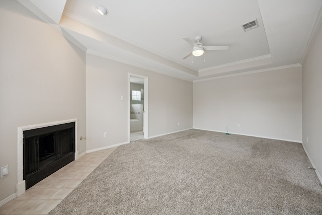 5836 Oram St, Dallas, TX 75206 - unfurnished living room with a raised ceiling, ceiling fan, ornamental molding, a fireplace with flush hearth, and baseboards