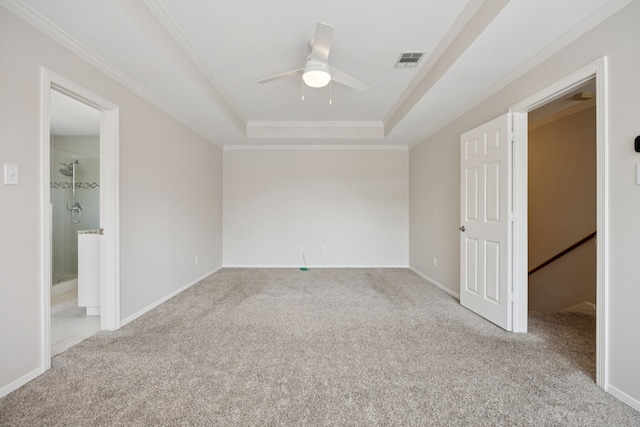 5836 Oram St, Dallas, TX 75206 - unfurnished room with a tray ceiling, carpet floors, a ceiling fan, ornamental molding, and baseboards