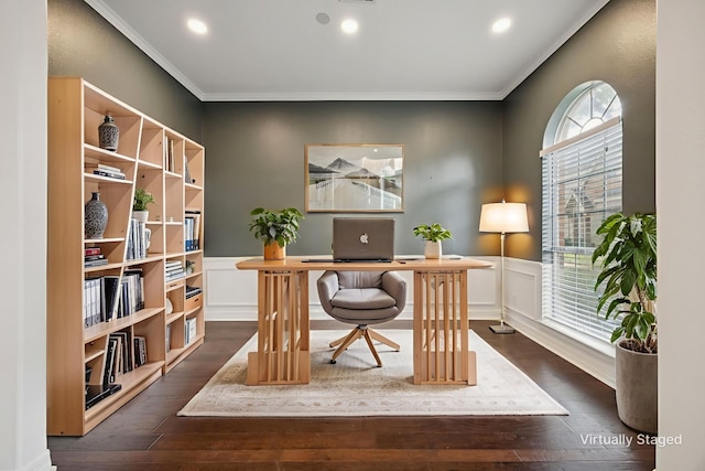 5836 Oram St, Dallas, TX 75206 - office featuring crown molding, a wainscoted wall, dark wood-type flooring, recessed lighting, and a decorative wall