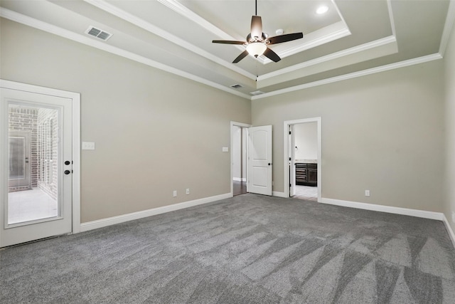 209 Ellis Creek Dr, Weatherford, TX 76085 - carpeted empty room with a raised ceiling, ceiling fan, crown molding, and baseboards