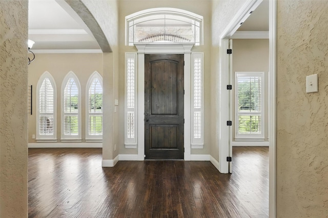 209 Ellis Creek Dr, Weatherford, TX 76085 - foyer with a textured wall, crown molding, wood finished floors, arched walkways, and baseboards