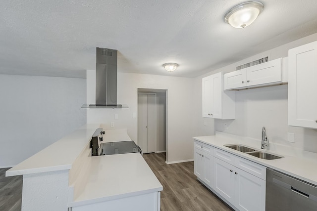7108 Christie Ln, Dallas, TX 75249 - kitchen with wall chimney exhaust hood, dishwasher, a sink, a peninsula, and stove