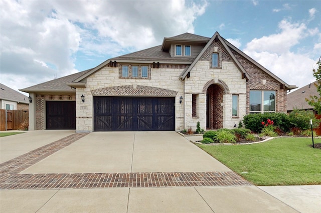 734 Oakleaf Dr, Midlothian, TX 76065 - french country inspired facade featuring stone siding, driveway, roof with shingles, brick siding, and a garage