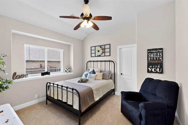 734 Oakleaf Dr, Midlothian, TX 76065 - bedroom featuring light colored carpet, baseboards, vaulted ceiling, and ceiling fan
