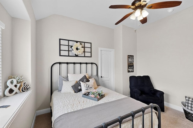 734 Oakleaf Dr, Midlothian, TX 76065 - bedroom with carpet, baseboards, vaulted ceiling, and a ceiling fan
