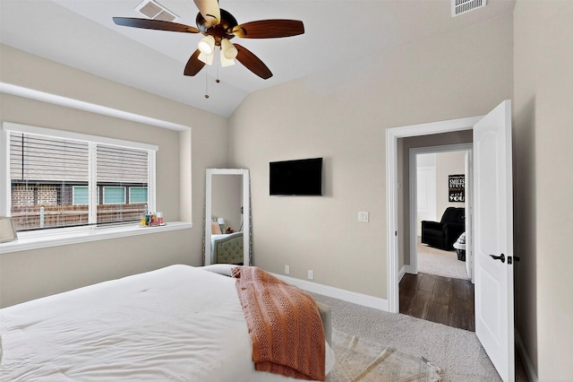 734 Oakleaf Dr, Midlothian, TX 76065 - bedroom featuring carpet floors, baseboards, vaulted ceiling, and ceiling fan