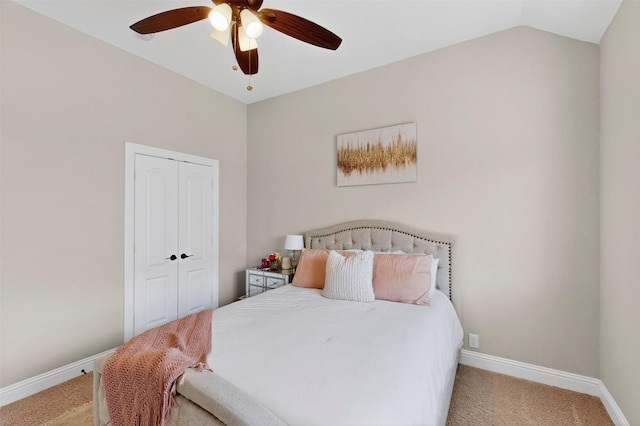 734 Oakleaf Dr, Midlothian, TX 76065 - bedroom featuring light carpet, a closet, baseboards, ceiling fan, and lofted ceiling