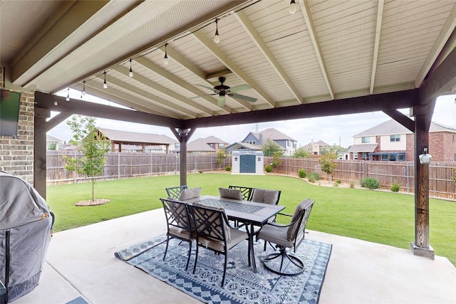 734 Oakleaf Dr, Midlothian, TX 76065 - view of patio / terrace with outdoor dining area, a ceiling fan, a residential view, and a grill