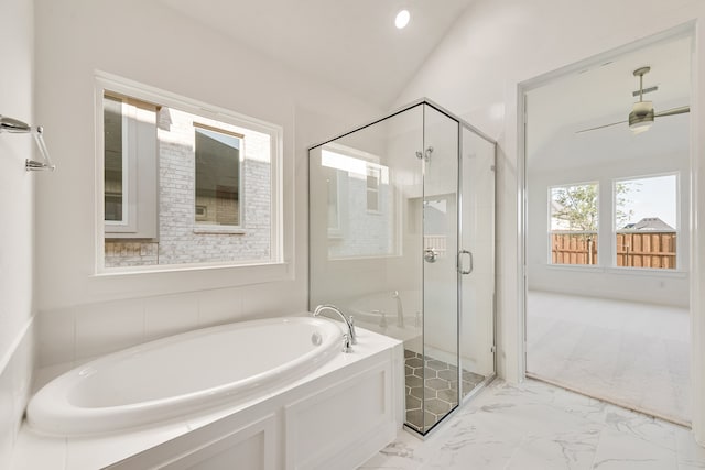 609 Cork Dr, Celina, TX 75009 - full bath with a bath, a shower stall, marble look tile flooring, and vaulted ceiling