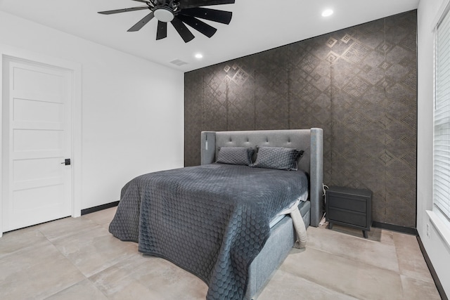2303 Timber Creek Ct, Cedar Hill, TX 75104 - bedroom featuring an accent wall, recessed lighting, baseboards, wallpapered walls, and ceiling fan