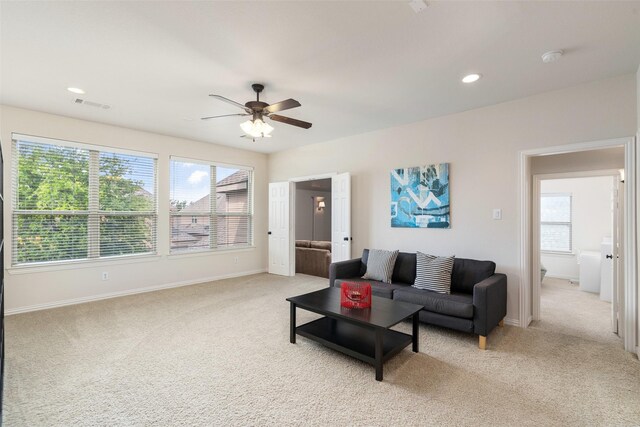 843 Bear Crossing Dr, Allen, TX 75013 - living area with light carpet, ceiling fan, baseboards, healthy amount of natural light, and recessed lighting