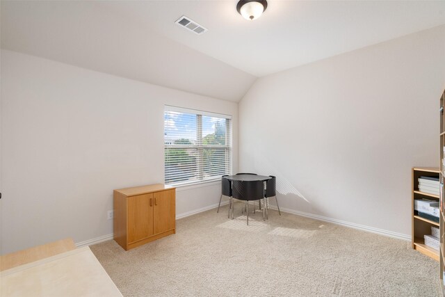 843 Bear Crossing Dr, Allen, TX 75013 - office area with light carpet, lofted ceiling, and baseboards
