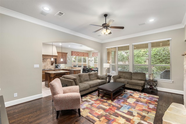 843 Bear Crossing Dr, Allen, TX 75013 - living room with ceiling fan, baseboards, arched walkways, crown molding, and wood finished floors