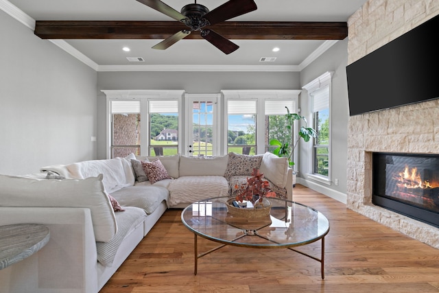1803 Sunset Xing, Cedar Hill, TX 75104 - living area featuring wood finished floors, recessed lighting, a stone fireplace, ceiling fan, and ornamental molding