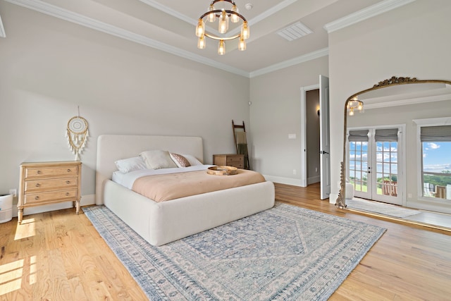 1803 Sunset Xing, Cedar Hill, TX 75104 - bedroom featuring crown molding, wood finished floors, access to exterior, a chandelier, and french doors
