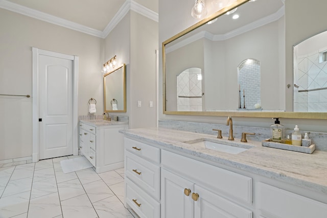 1803 Sunset Xing, Cedar Hill, TX 75104 - bathroom featuring two vanities, ornamental molding, and marble look tile flooring