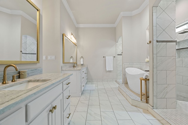 1803 Sunset Xing, Cedar Hill, TX 75104 - bathroom featuring a freestanding tub, two vanities, ornamental molding, marble look tile flooring, and a tile shower