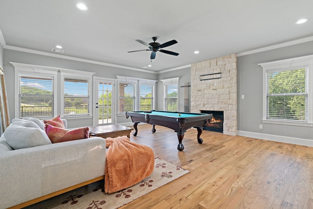 1803 Sunset Xing, Cedar Hill, TX 75104 - game room with billiards, recessed lighting, crown molding, ceiling fan, and a fireplace