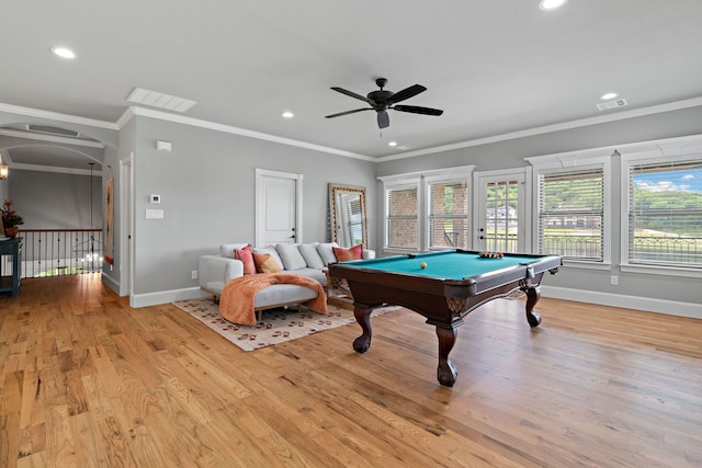 1803 Sunset Xing, Cedar Hill, TX 75104 - recreation room featuring baseboards, a ceiling fan, recessed lighting, pool table, and light wood finished floors