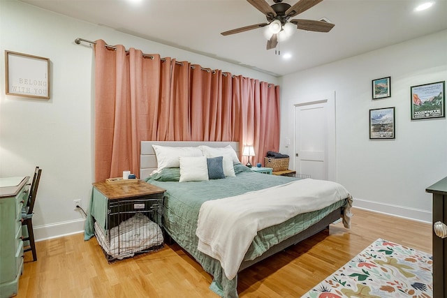 2108 Fairmount Ave, Fort Worth, TX 76110 - bedroom featuring baseboards, light wood-style floors, recessed lighting, and ceiling fan