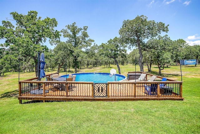 1107 Perkins Rd, Poolville, TX 76487 - outdoor pool with a lawn, view of scattered trees, and a deck