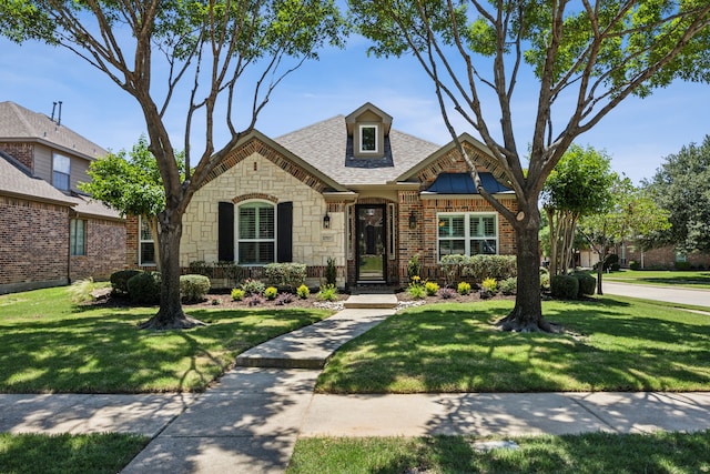 2707 Barnhill Ln, Frisco, TX 75034 - view of front of property with stone siding, a front lawn, brick siding, and a shingled roof