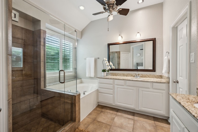 2707 Barnhill Ln, Frisco, TX 75034 - bathroom featuring vanity, a shower stall, a bath, ceiling fan, and lofted ceiling